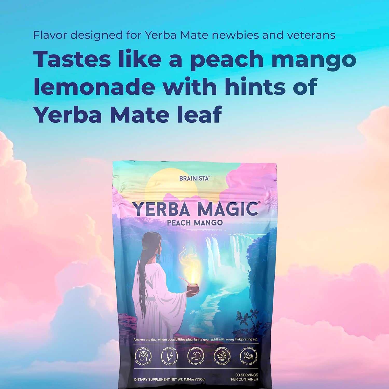 Yerba Mate Instant Tea Powder, 3-In-1 Super Drink - Clean Energy, Brain Fog Buster, and Gut Health Powered by Nootropics, Prebiotics and Probiotics | Yerba Magic Peach Mango 30 Servings