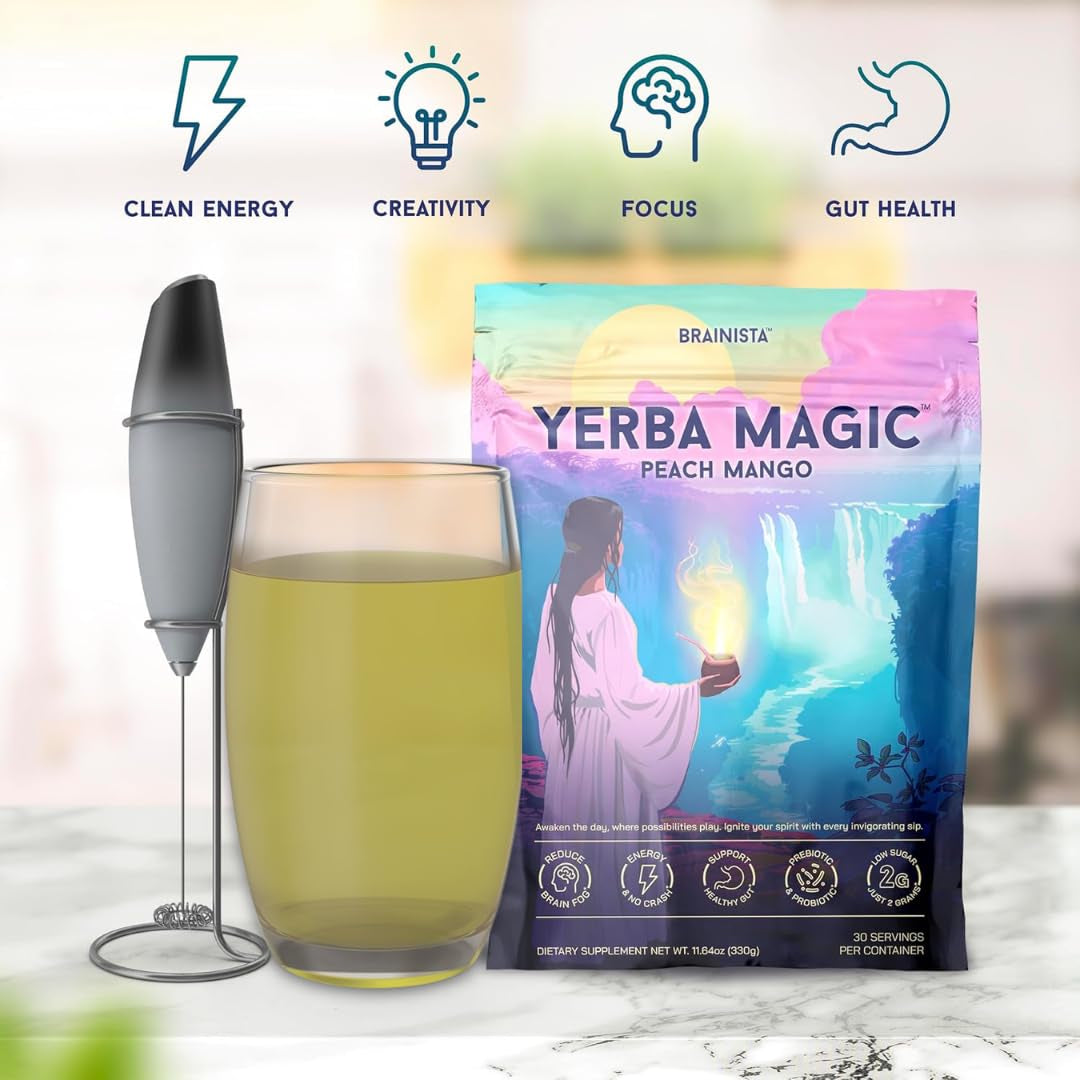Yerba Mate Instant Tea Powder, 3-In-1 Super Drink - Clean Energy, Brain Fog Buster, and Gut Health Powered by Nootropics, Prebiotics and Probiotics | Yerba Magic Peach Mango 30 Servings